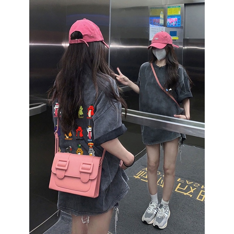 NRVP Áo Thun 100% Cotton Tay Ngắn Dáng Suông In Họa Tiết Hoạt Hình Phong Cách Hàn Quốc Cho Nữ