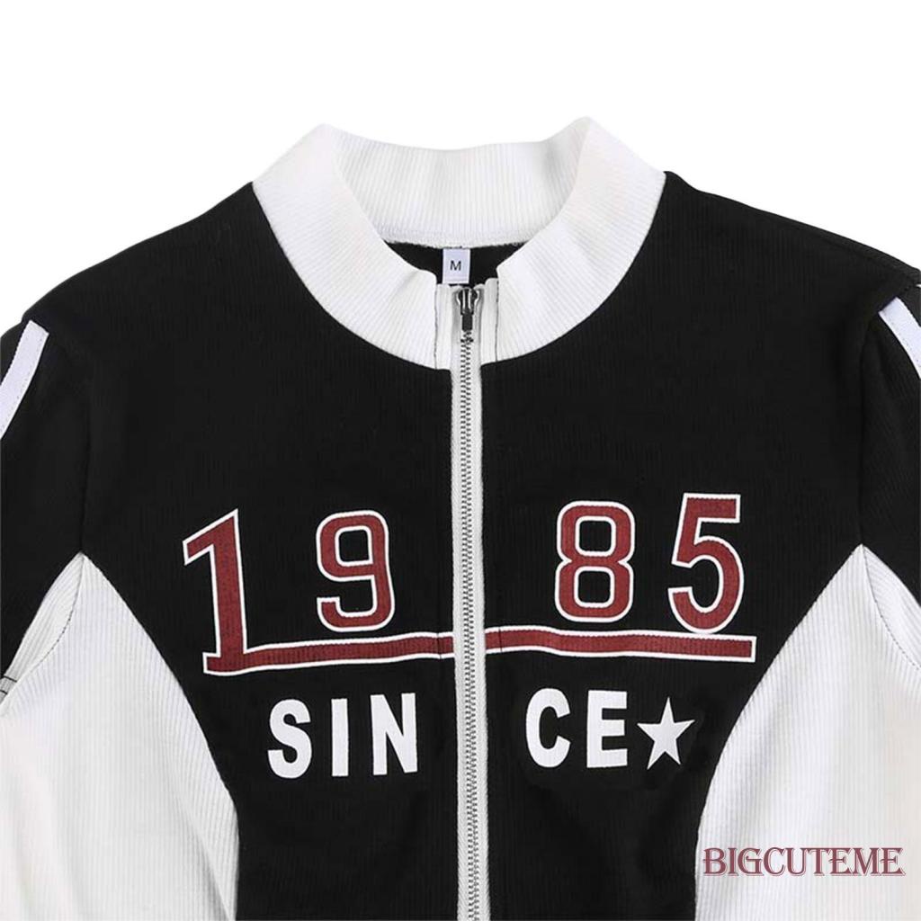 Áo Croptop Dệt Kim Tay Ngắn Cổ Đứng Có Khóa Kéo In Chữ Thời Trang Cho Nữ