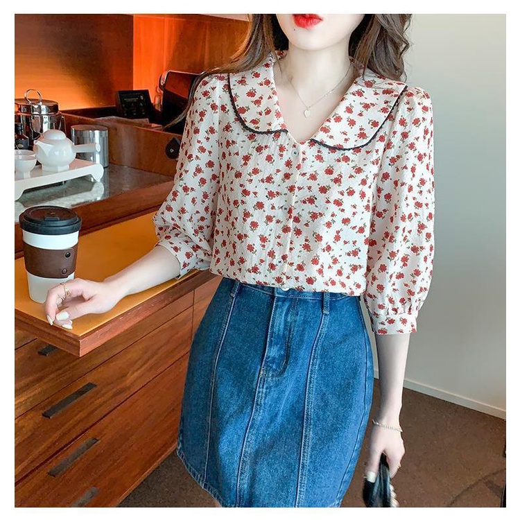 Áo Sơ Mi Chiffon Tay Lỡ Cổ Búp Bê Họa Tiết Hoa Phong Cách Mới Cho Nữ