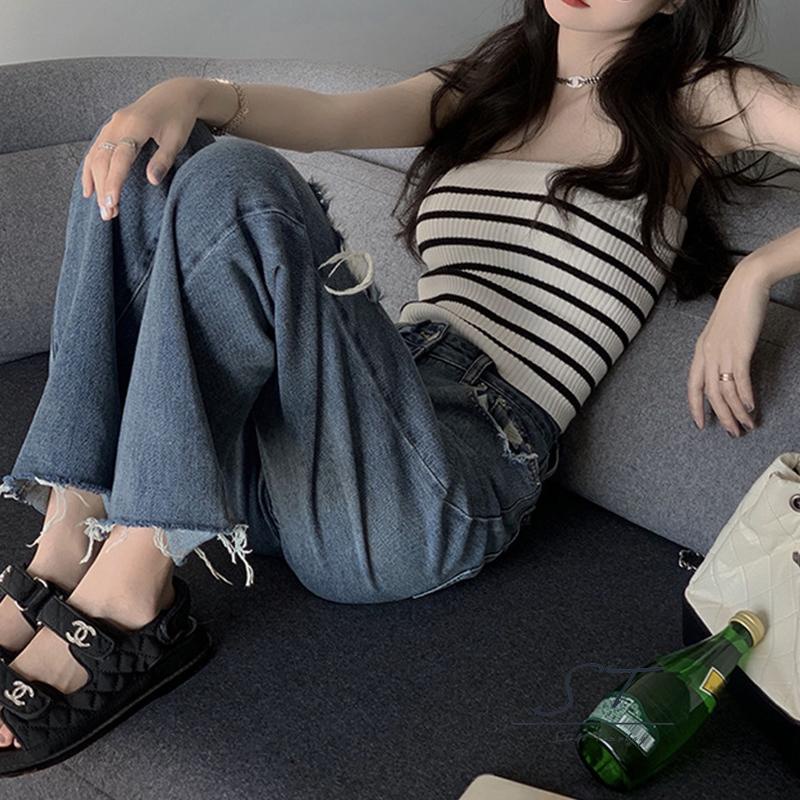 Áo Tank Top Hai Dây Dệt Kim Mỏng Họa Tiết Kẻ Sọc Ngang Cho Nữ CY03