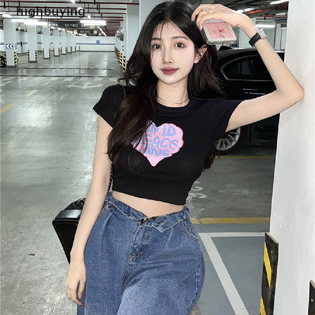 Áo Thun Lửng Ngắn Tay Cổ Tròn In Chữ Thời Trang Cho Nữ