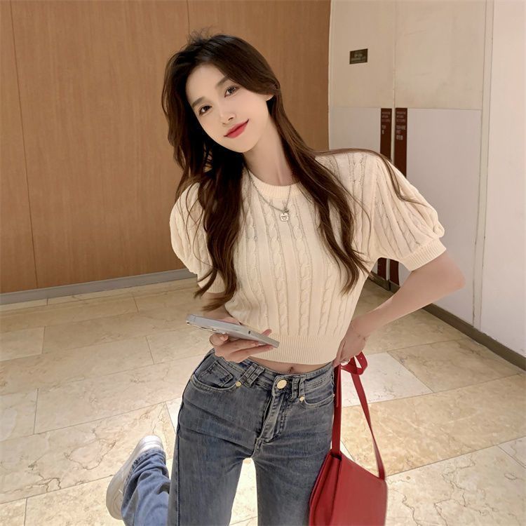 IELGY   Áo Dệt Kim Tay Ngắn Dáng Ôm Phối Nơ Thời Trang Cho Nữ