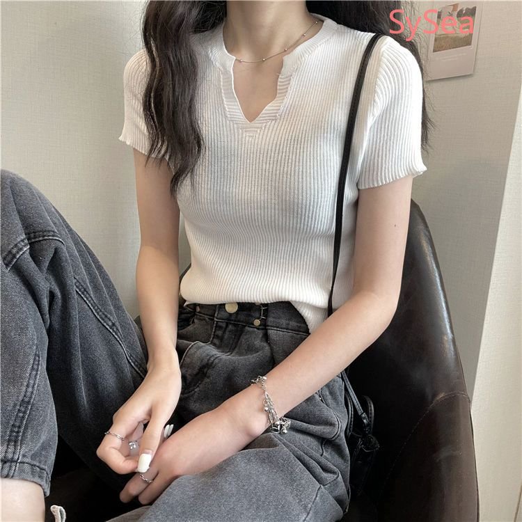 Áo Thun Dệt Kim Tay Ngắn Cổ Chữ V Thời Trang Mùa Hè Cho Nữ