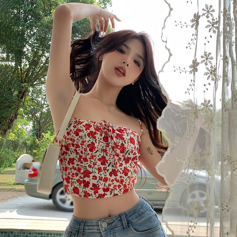 Áo Tank Top Hai Dây In Hoa Phong Cách Hàn Quốc Ngọt Ngào Cho Nữ