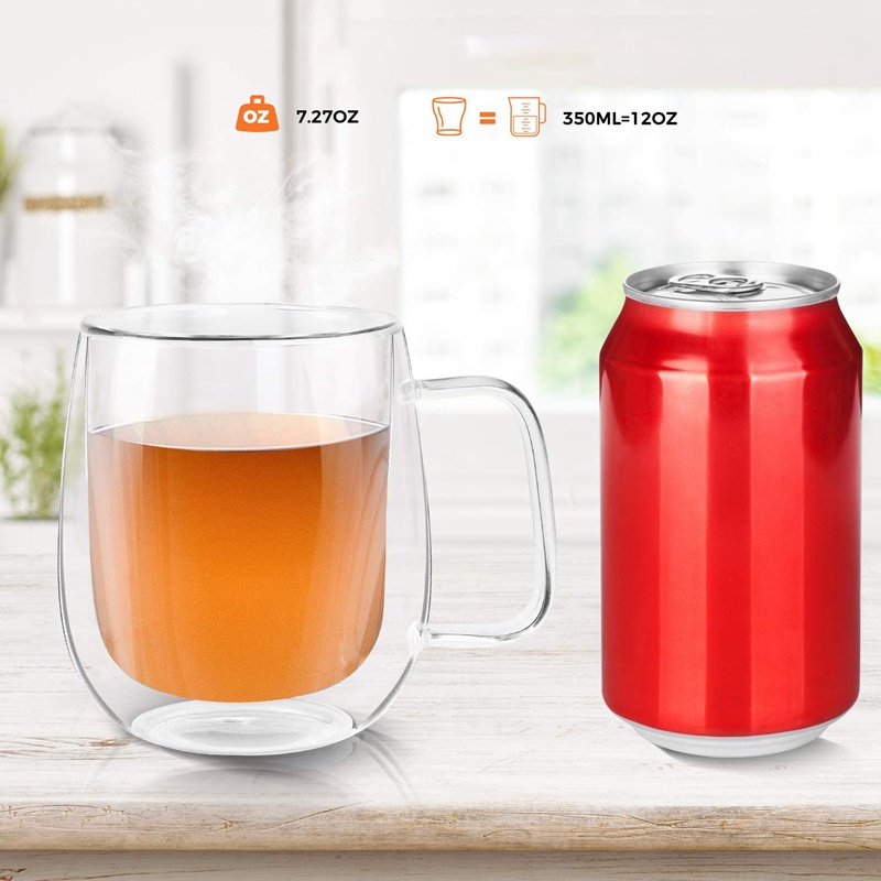 Set 2 Cốc Thủy Tinh Uống Trà Cà Phê Hai Lớp Cách Nhiệt Và Không Có Tay Cầm Rộng (300ML)