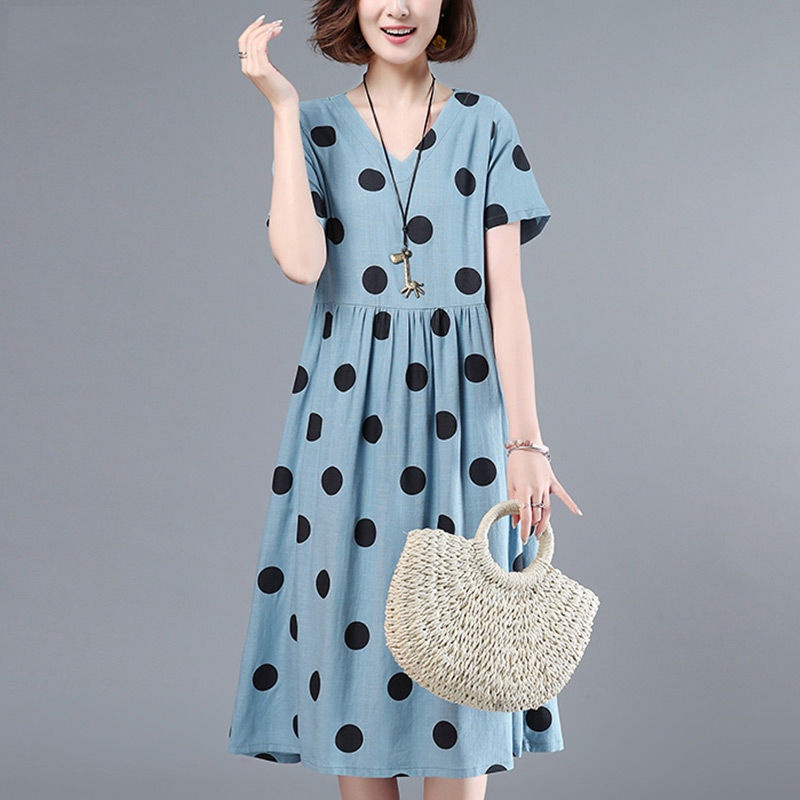 Đầm Cotton Lanh Họa Tiết Chấm Bi Cổ Điển Thời Trang Mùa Hè Cho Nữ