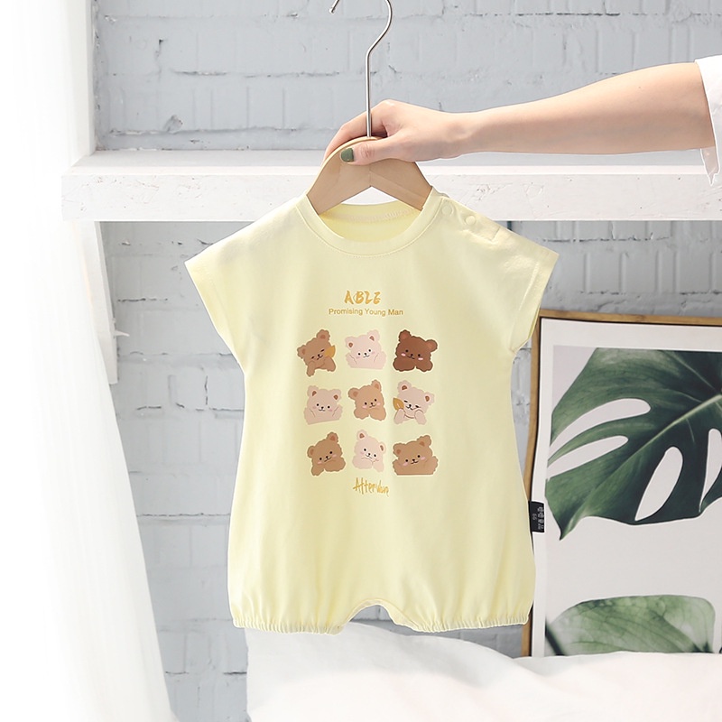 Bộ Áo Liền Quần Bằng Cotton Tay Ngắn In Hoạt Hình Dành Cho Bé Trai Gái 0-2 Tuổi