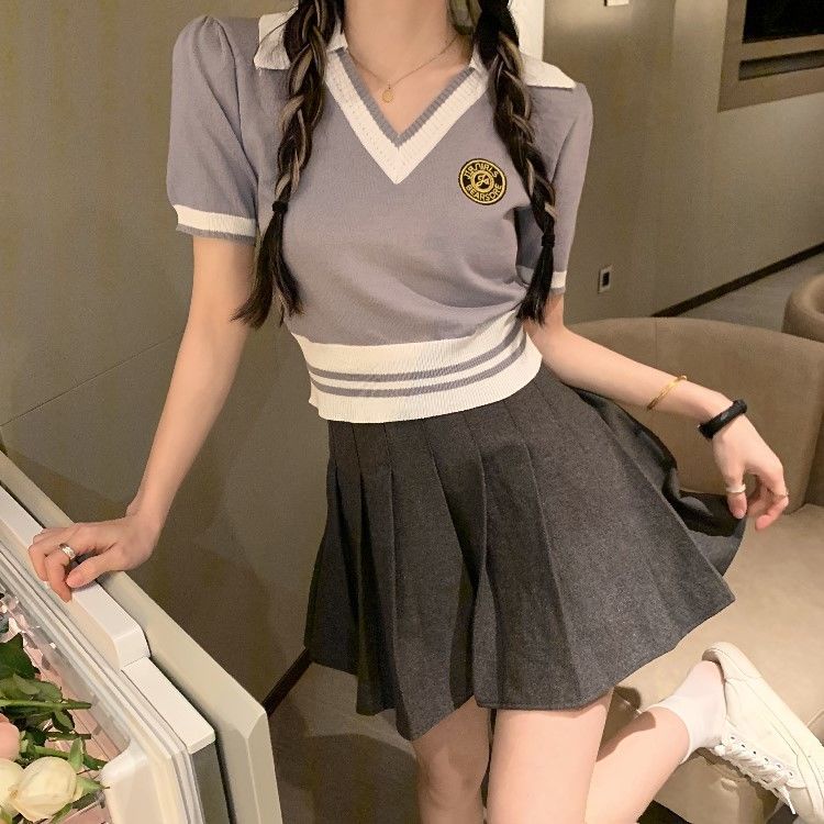 áo croptop len dệt kim tay ngắn kiểu cổ polo dáng ôm thời trang mùa hè 2023 phong cách mới