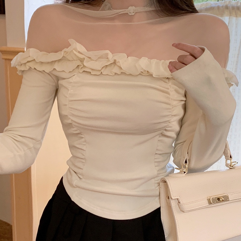 IELGY  Áo Dệt Kim Tay Dài Phối Ren Thời Trang Cho Nữ