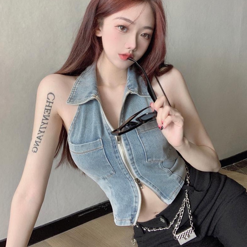 IELGY  Áo denim Hai Dây Ngắn Có Khóa Kéo Phong Cách Âu Mỹ Cho Nữ