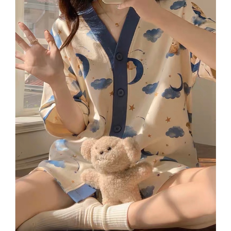 Bộ Đồ Mặc Nhà In Hình Gấu Hoạt Hình Phong Cách Kimono Dễ Thương La222