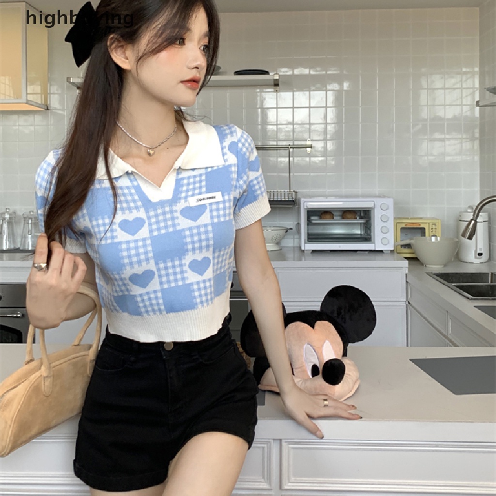 Áo Croptop Dệt Kim Tay Ngắn Cổ Polo Họa Tiết Caro Và Trái Tim Thời Trang Mùa Hè Cho Nữ