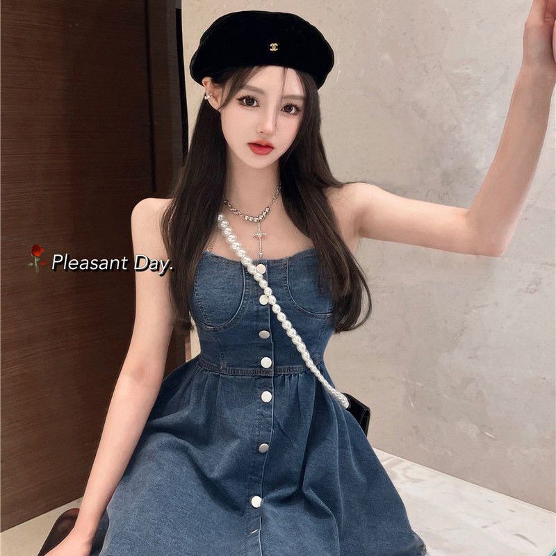 Đầm Denim Dáng Ôm Hở Vai Phong Cách Retro Thời Trang Mùa Hè Dành Cho Nữ