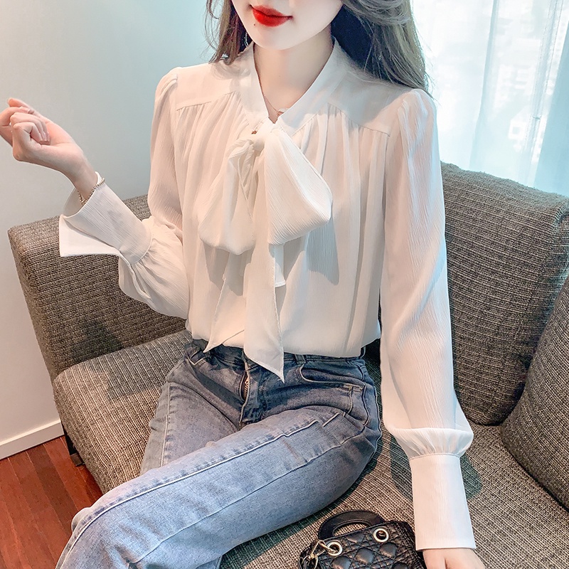 Áo Voan Tay Dài Phồng Cổ Chữ V Thắt Nơ Thời Trang Hàn Quốc Chất Lượng Cao