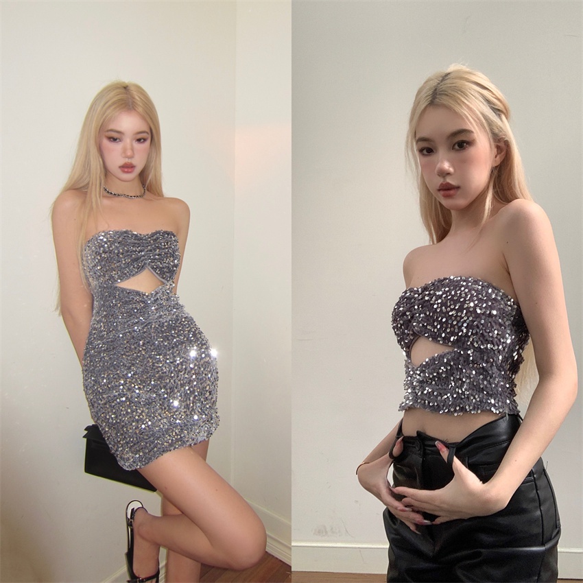 Đầm Trễ Vai Đính Kim Sa Lấp Lánh Thiết Kế Quyến Rũ Thời Trang