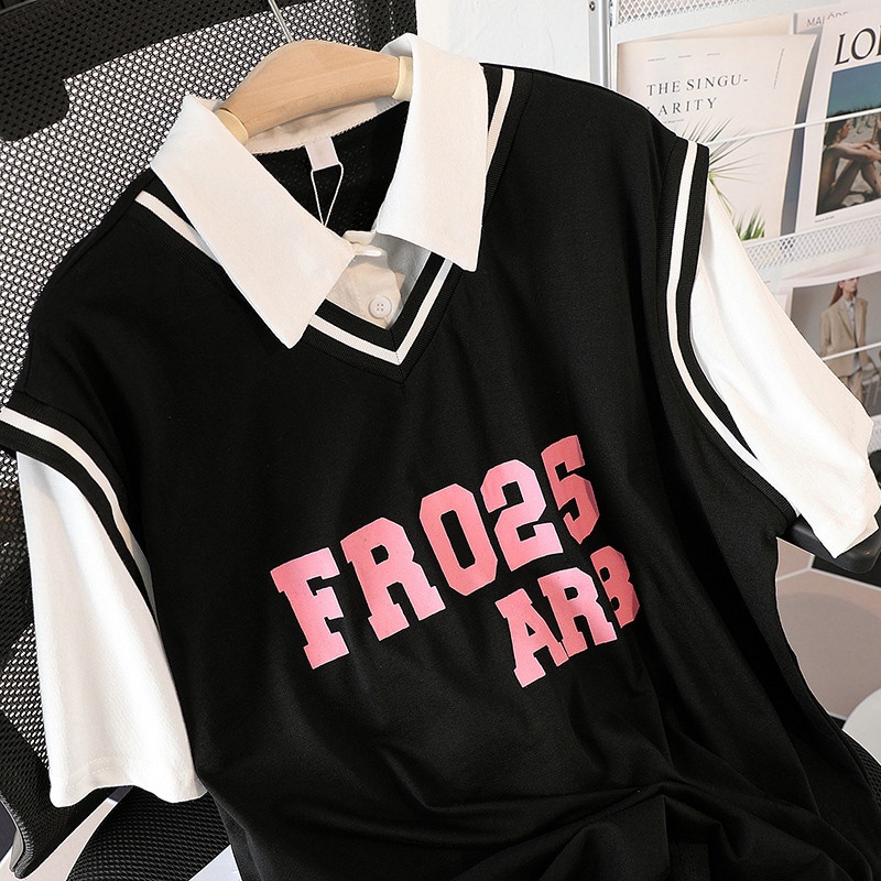 Áo Thun polo Tay Ngắn Giả Hai Lớp Mẫu Mới 2023 Phong Cách Preppy Bóng Rổ Thời Trang Hàn Quốc Dành Cho Nữ