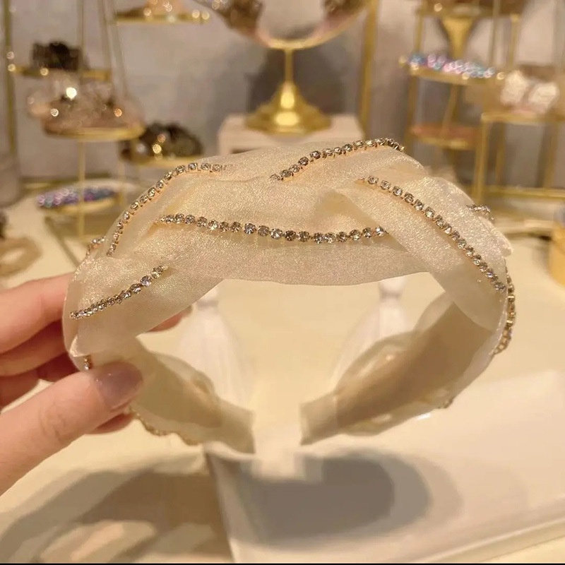 Băng Đô Dạng Xoắn Bản Rộng Bằng Vải Organza Đính Kim Cương Nhân Tạo Phong Cách Hàn Quốc