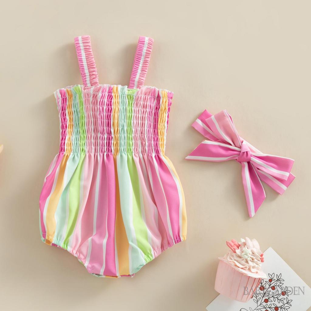 Bộ Áo Liền Quần Không Tay Hở Lưng Nhiều Màu Kèm Băng Đô Dành Cho Bé Gái 0-18 Tháng Tuổi