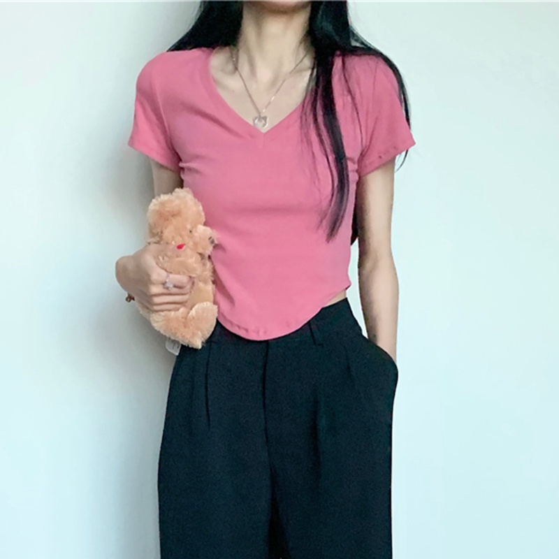 IELGY  Áo Thun Tay Ngắn Cổ Chữ v Phía Trước Phong Cách Mỹ Cho Nữ