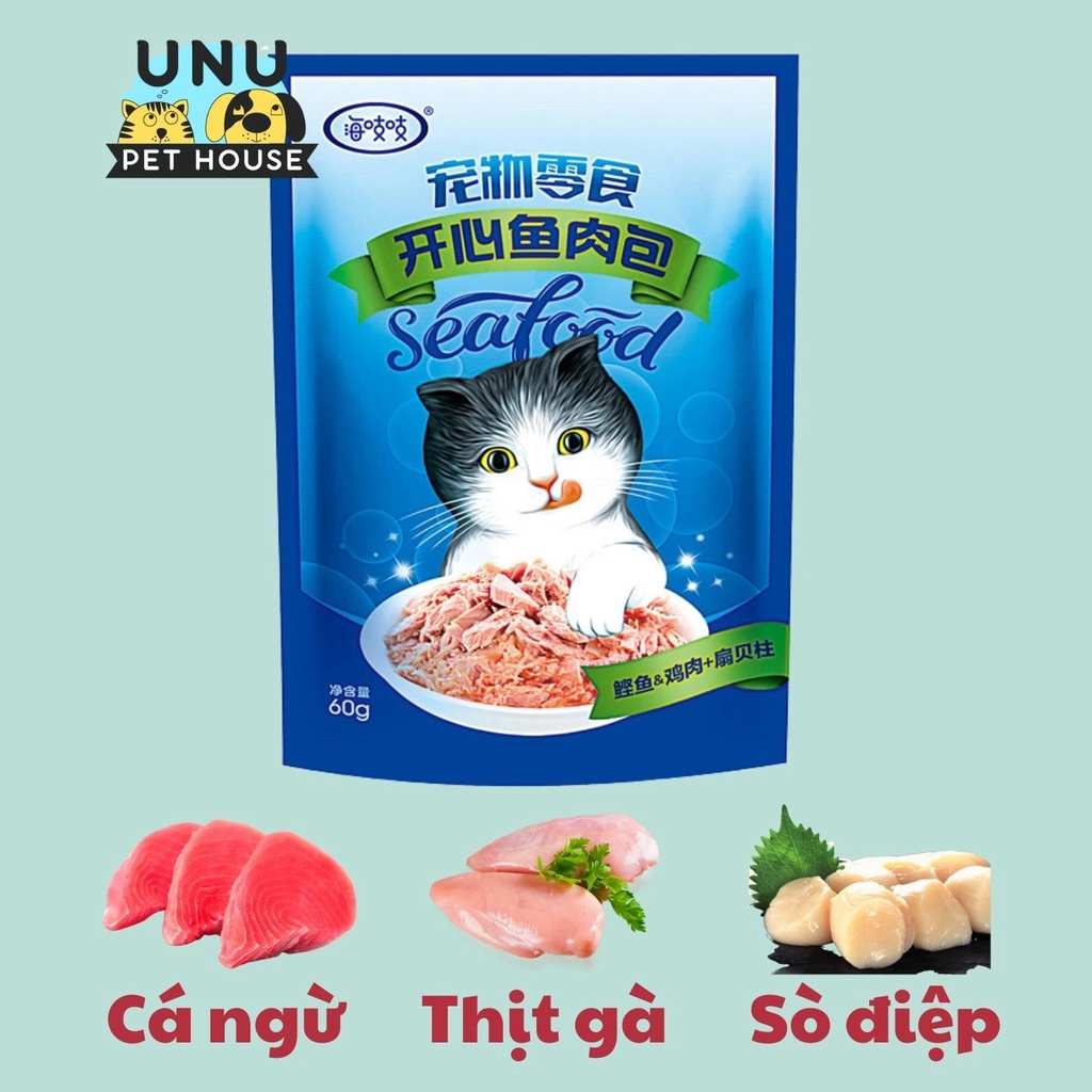 Pate mèo Seafood được làm bằng thịt, cá tươi, 4 vị thơm ngon, gói 60gr – UNU Pet House