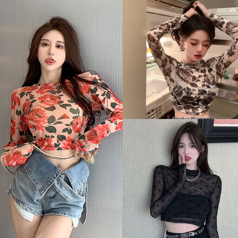 Áo Thun Lưới Tay Dài Cổ Tròn In Họa Tiết Hoa Phong Cách Hàn Quốc Cổ Điển Thời Trang Cho Nữ