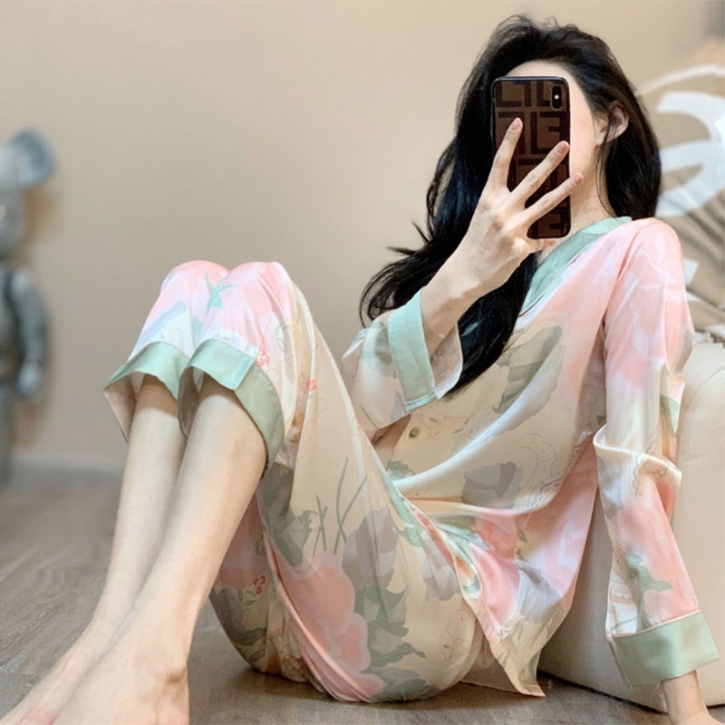 Hàng Có Sẵn Giao Hàng Nhanh Bộ Đồ Ngủ Tay Dài Vải Lụa Lạnh Cao Cấp Phong Cách ins Dành Cho Nữ