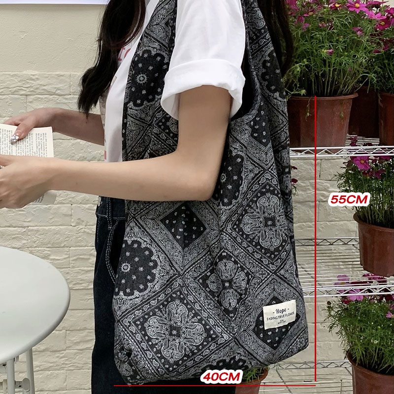 MISCHA Túi Xách Canvas Cỡ Lớn In Họa Tiết Phong Cách Retro Thời Trang Hàn Quốc Cho Nữ