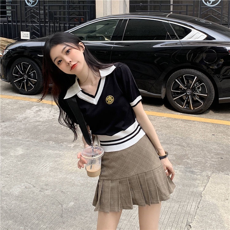 áo croptop len dệt kim tay ngắn kiểu cổ polo dáng ôm thời trang mùa hè 2023 phong cách mới