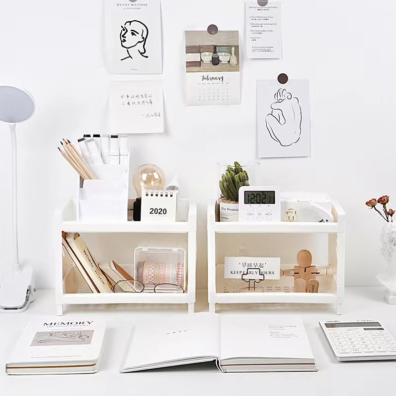 🔥 Rẻ nhất 🔥Kệ nhựa để bàn mini , giá để đồ 2 tầng Béo Shop màu trắng có thể tháo rời xếp gọn tiện lợi