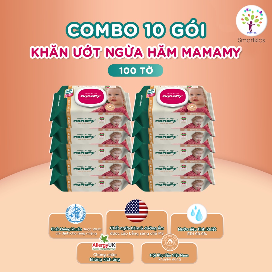 Combo 10 Gói Khăn Ướt Mamamy 100 Tờ/ Gói Có Nắp Không Mùi An Toàn Cho Bé