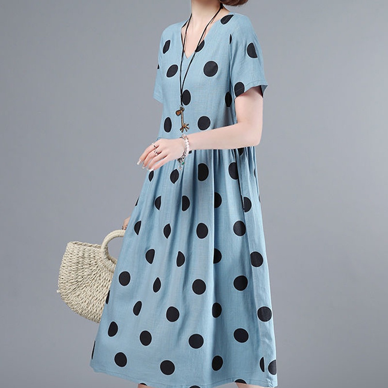 Đầm Cotton Lanh Họa Tiết Chấm Bi Cổ Điển Thời Trang Mùa Hè Cho Nữ