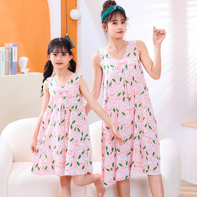 Đầm Ngủ Cotton Lụa Mỏng Không Tay Đính Nơ Dễ Thương Thời Trang Mùa Hè Dành Cho Mẹ Và Bé Gái Kích Thước 100-Xl