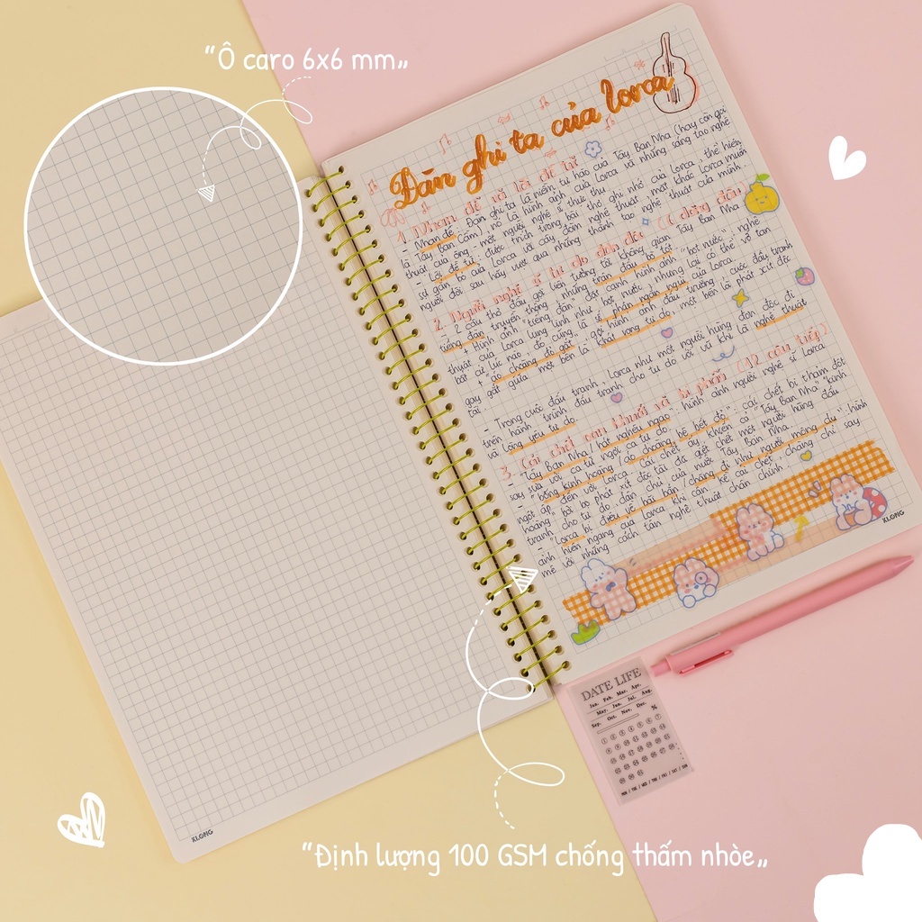 Sổ A4 caro ô vuông to 6x6mm 200 trang KLong lò xo đơn MS 590 VPPKLONG, tập vở bìa dễ thương- BUTDEP.NET