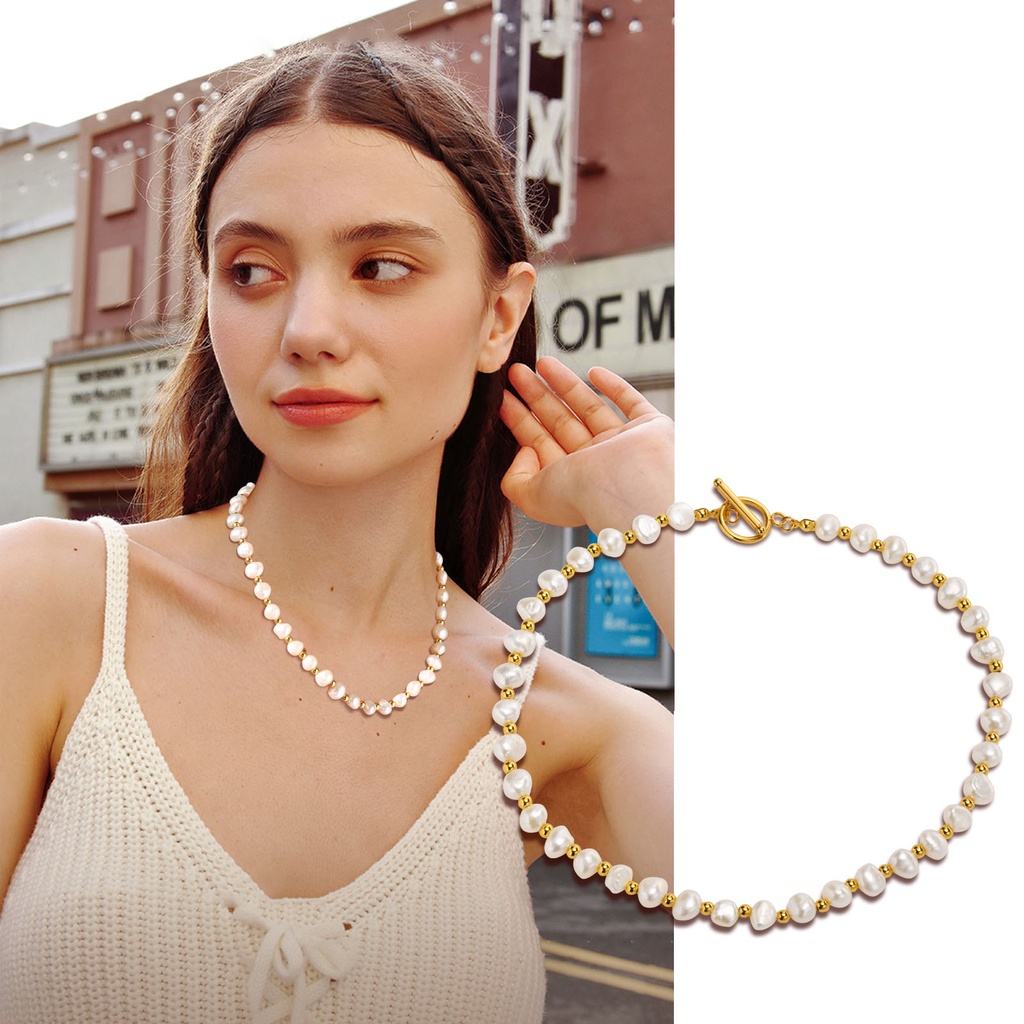 Vnox Real Freshwater Pearl Steel Ball Necklace for Women,14K Gold Plated Charm Chain Link 16 Inches