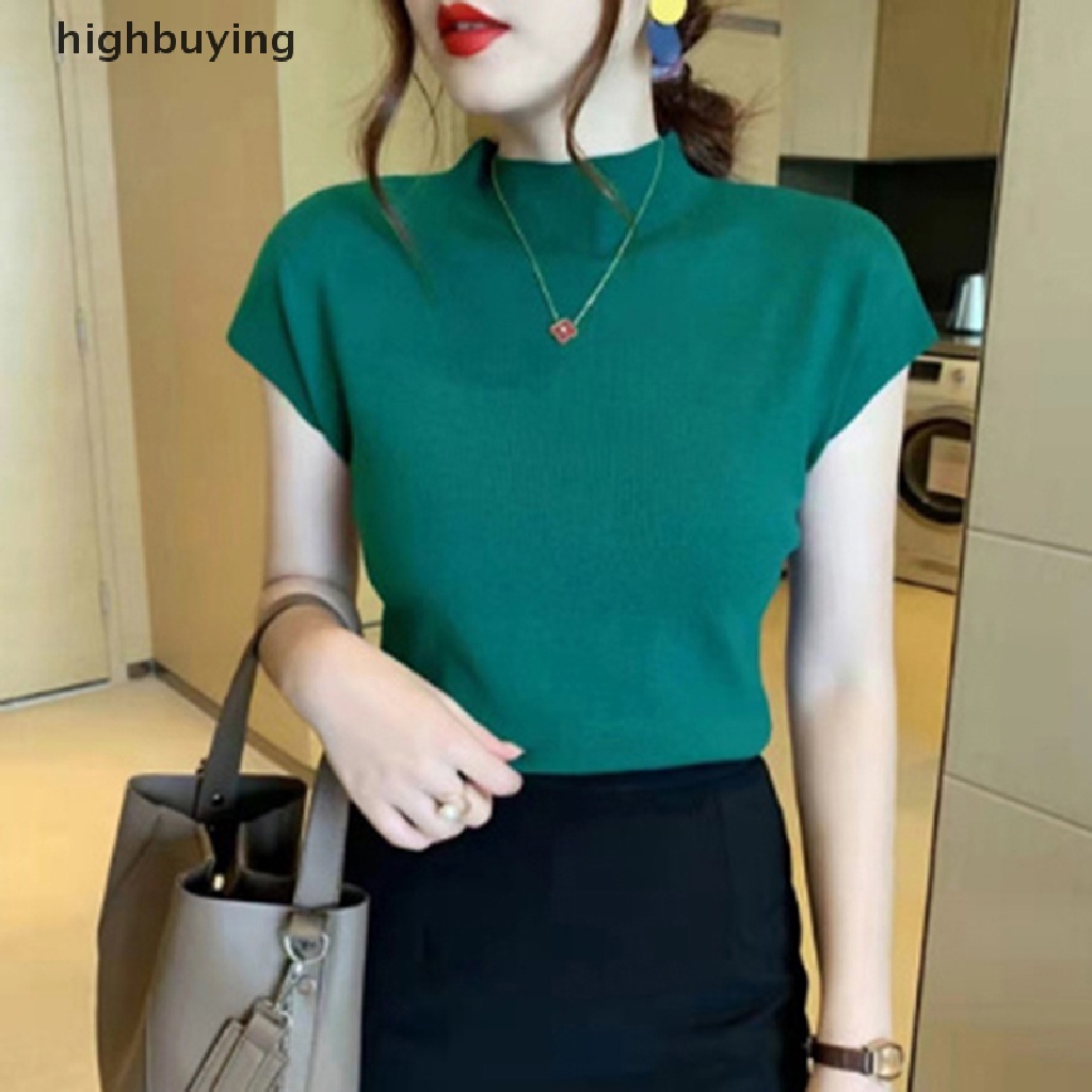 Áo Thun Dệt Kim Tay Ngắn Cổ Lọ Màu Sắc Đơn Giản Cho Nữ