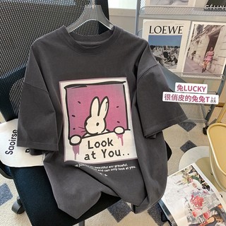 Áo Thun 100% Cotton Tay Ngắn Dáng Rộng In Họa Tiết Hoạt Hình Phong Cách Hàn Quốc
