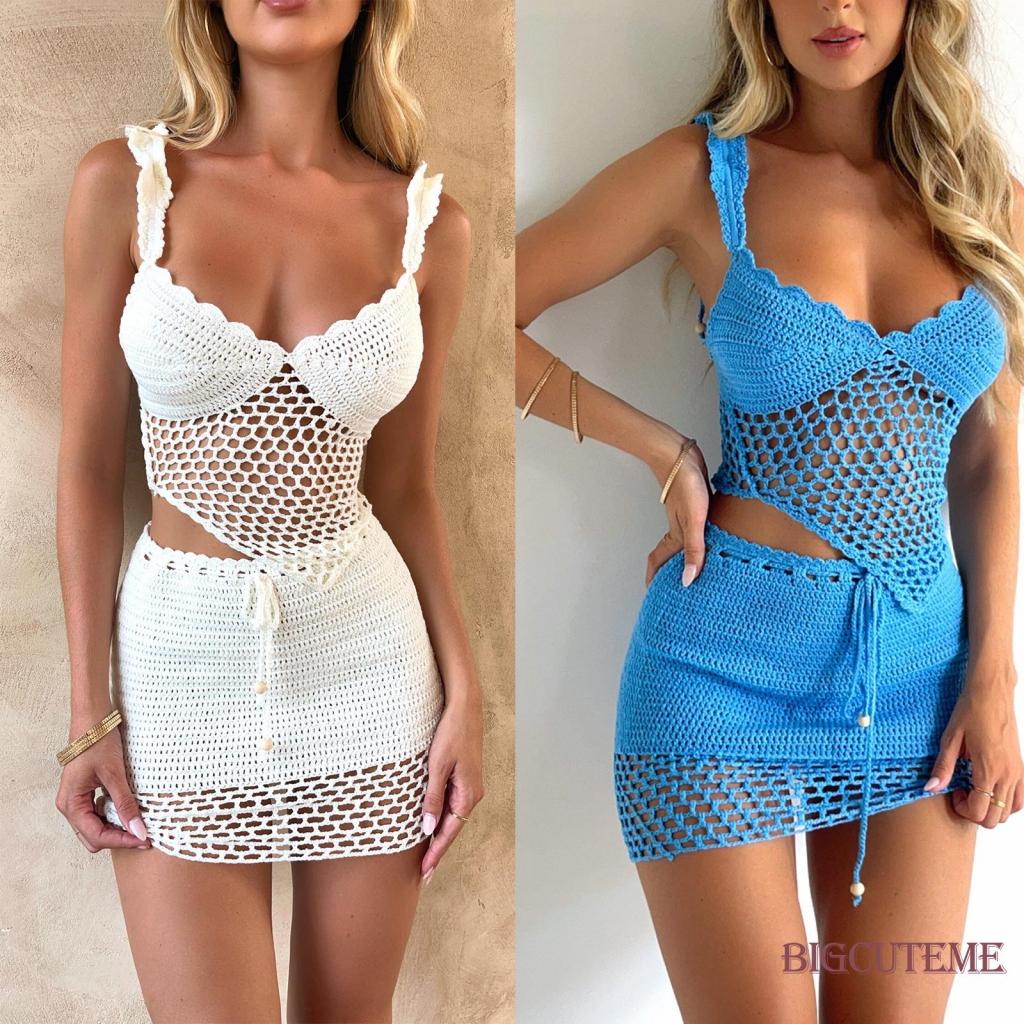[] Set Áo Tank Top 2 Dây Dệt Kim Cổ Chữ V Khoét Sâu + Chân Váy Mini Màu Xanh Dương / Trắng Cho Nữ