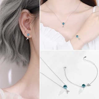 Bộ Trang Sức Vòng cổ / Vòng Tay / Khuyên Tai Bằng Thép Titan Đính Đá Zircon Đuôi Nàng Tiên Cá Màu Xanh Dương Đơn Giản