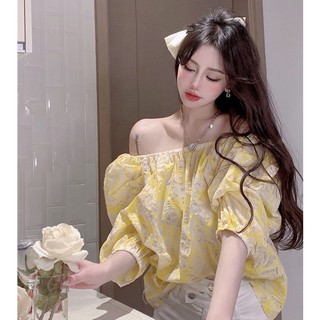  Off Shoulder Áo Thun Tay Ngắn Lệch Vai floral Blouse Shirt Sexy  Navel Exposed  puff Sleeve Chiffon Blouse Croptop Áo Sơ Mi Tay Phồng Trễ Vai Dáng Rộng In Họa Tiết Hoa Thời Trang Mùa Hè Cho Nữ 