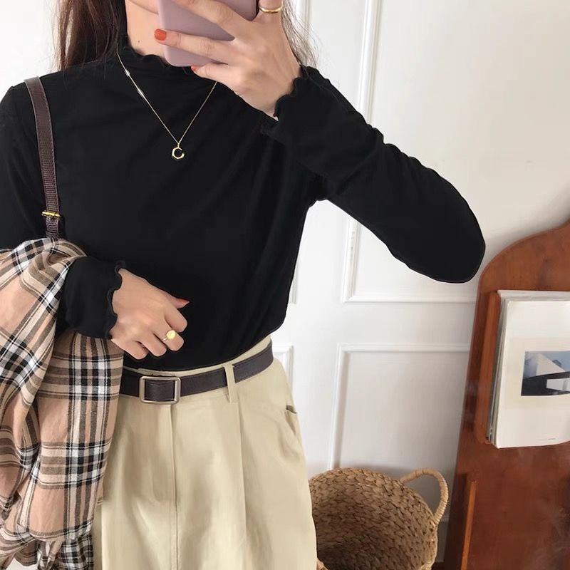 Áo Thun croptop Mỏng Tay Dài Lót Lông Cừu Cổ Cao Thời Trang Xuân Thu Phong Cách Mới Cho Nữ