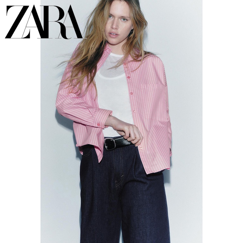 Zara Áo Sơ Mi Dài Tay Dáng Rộng Hoa Văn Kẻ Sọc Thời Trang Dành Cho Nữ