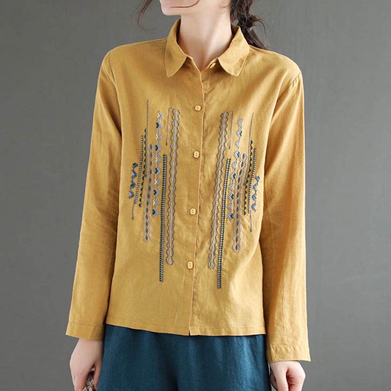Áo Sơ Mi Dài Tay Chất Liệu Cotton Lanh Thêu Trang Trí Dành Cho Nữ