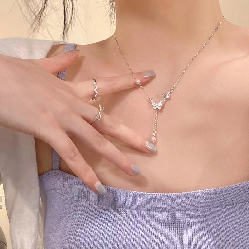 Vòng cổ Mạ Bạc 925 Mặt Hình Bướm Đính Đá Zircon Đơn Giản Cho Nữ
