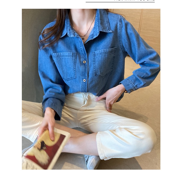 Áo sơ mi denim SUXI tay dài dáng rộng màu trơn phong cách cổ điển dễ phối đồ thời trang mùa xuân