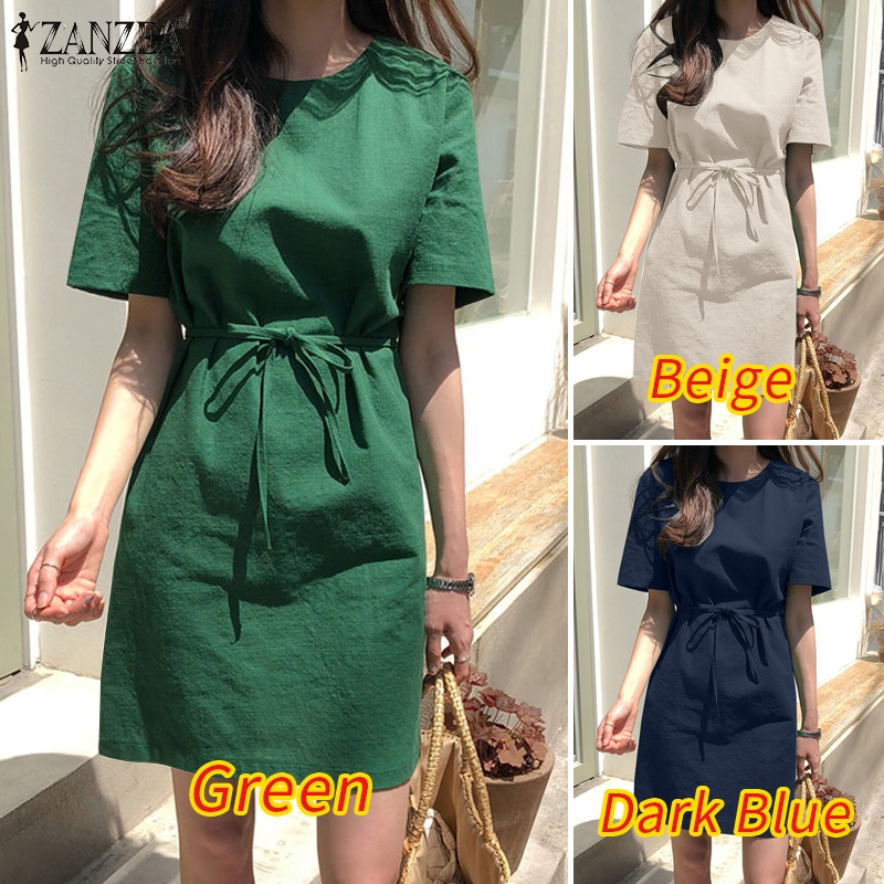 Đầm nữ ZANZEA ngắn tay cổ tròn lưng thắt nơ thời trang