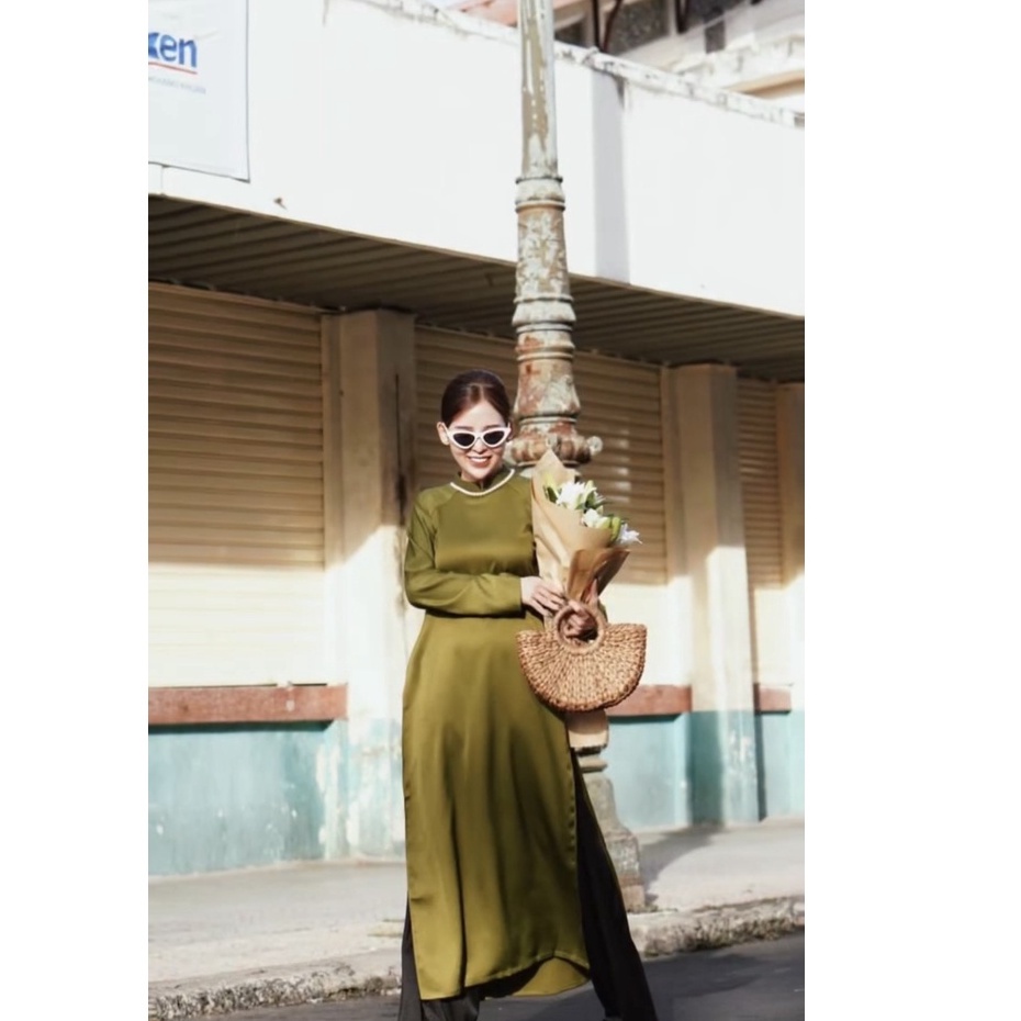 Áo dài dáng suông 2 tà màu xanh rêu, áo dài truyền thống.
