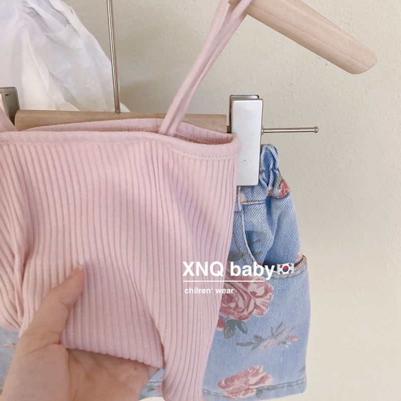 Aiyaya đồ bộ cho bé gái Vest hồng + Chân váy denim họa tiết hoa hồng bộ 2 mảnh thời trang mùa hè 2-8 tuổi