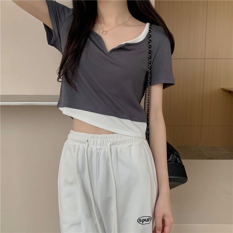 Áo Thun Ngắn Tay Cổ Chữ V Giả Hai Lớp Thiết Kế Mới Thời Trang Dành Cho Mùa Hè