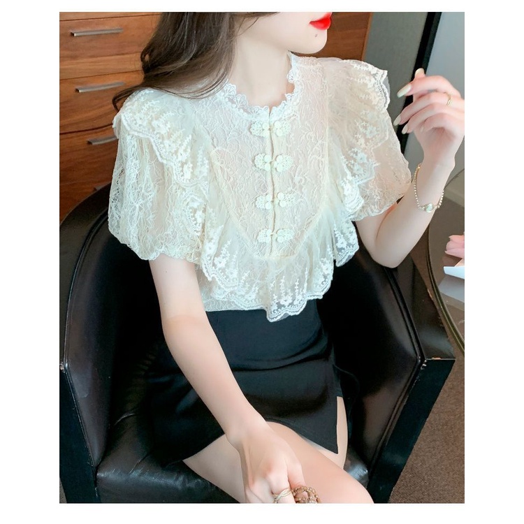 Áo Voan Tay Ngắn Phồng Phối Ren Thời Trang Mùa Hè Dành Cho Nữ E1MH