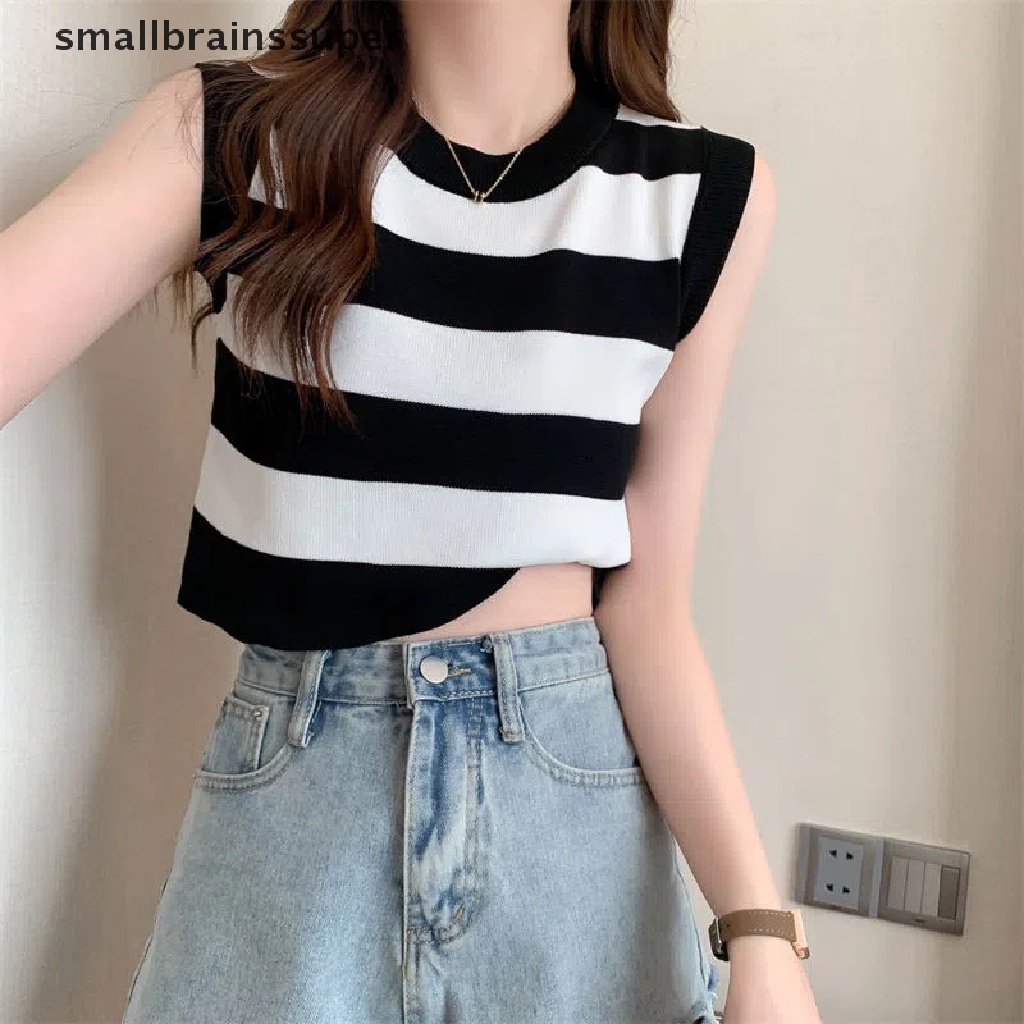 Áo Croptop Dệt Kim Không Tay Cổ Tròn Họa Tiết Kẻ Sọc Thời Trang Mùa Hè Cho Nữ